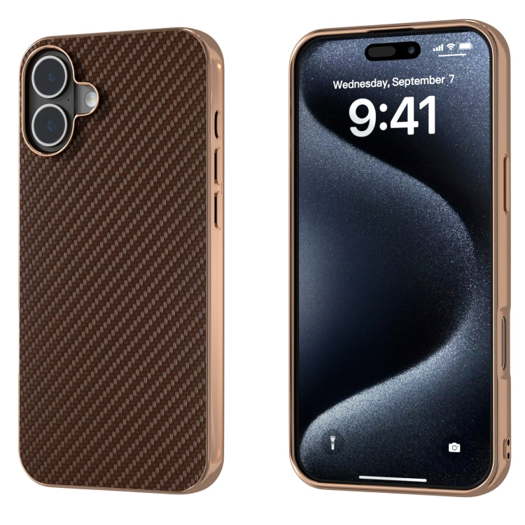 For iPhone 16 Plus Nano Electroplating Carbon Fiber Texture Phone Case(Dark Brown) - iPhone 16 Plus Cases by buy2fix | Online Shopping UK | buy2fix