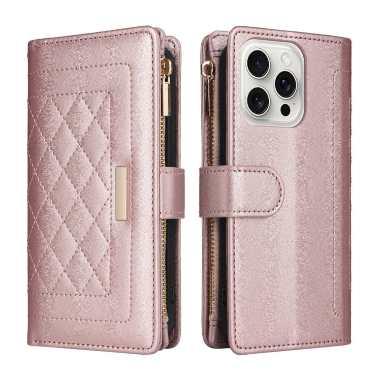 For iPhone 16 Pro Max Crossbody Zipper Wallet Rhombus Leather Phone Case(Rose Gold) - iPhone 16 Pro Max Cases by buy2fix | Online Shopping UK | buy2fix