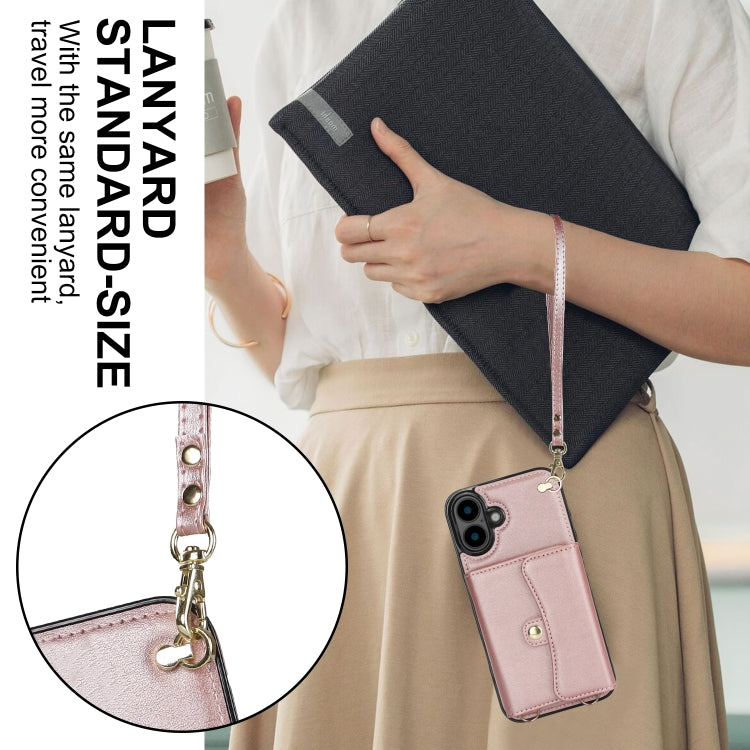 For iPhone 16 RFID Card Slot Phone Case with Long Lanyard(Rose Gold) - iPhone 16 Cases by buy2fix | Online Shopping UK | buy2fix