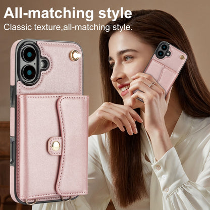 For iPhone 16 RFID Card Slot Phone Case with Long Lanyard(Rose Gold) - iPhone 16 Cases by buy2fix | Online Shopping UK | buy2fix