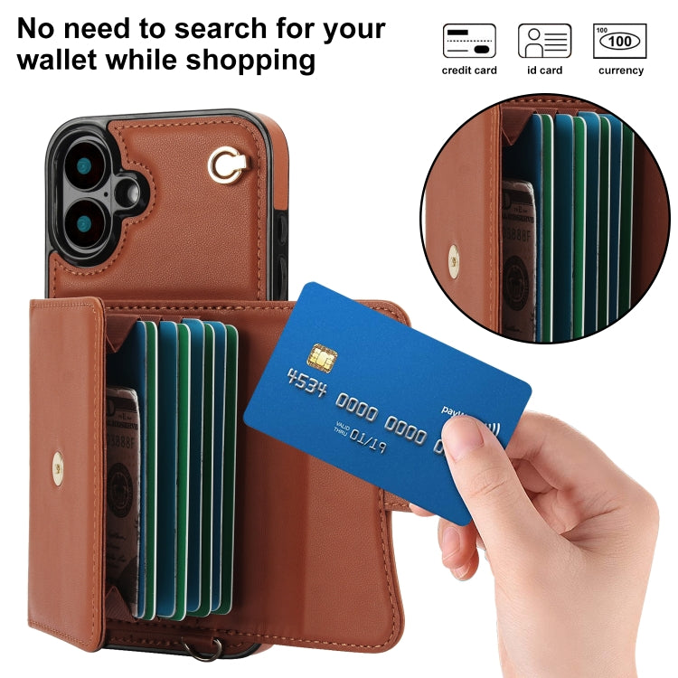 For iPhone 16 RFID Card Slot Phone Case with Long Lanyard(Brown) - iPhone 16 Cases by buy2fix | Online Shopping UK | buy2fix