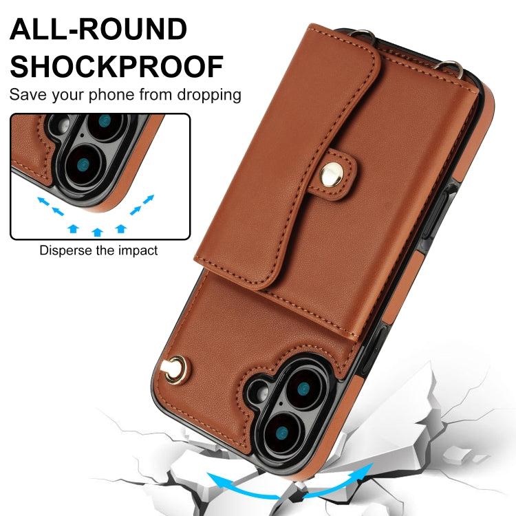 For iPhone 16 RFID Card Slot Phone Case with Long Lanyard(Brown) - iPhone 16 Cases by buy2fix | Online Shopping UK | buy2fix