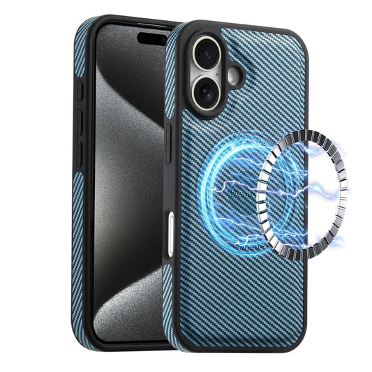 For iPhone 16 Plus Denior Carbon Fiber Texture Leather MagSafe Phone Case(Blue) - iPhone 16 Plus Cases by Denior | Online Shopping UK | buy2fix