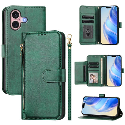 For iPhone 16 Multi-Card Slots Zipper Wallet Leather Phone Case(Green) - iPhone 16 Cases by buy2fix | Online Shopping UK | buy2fix