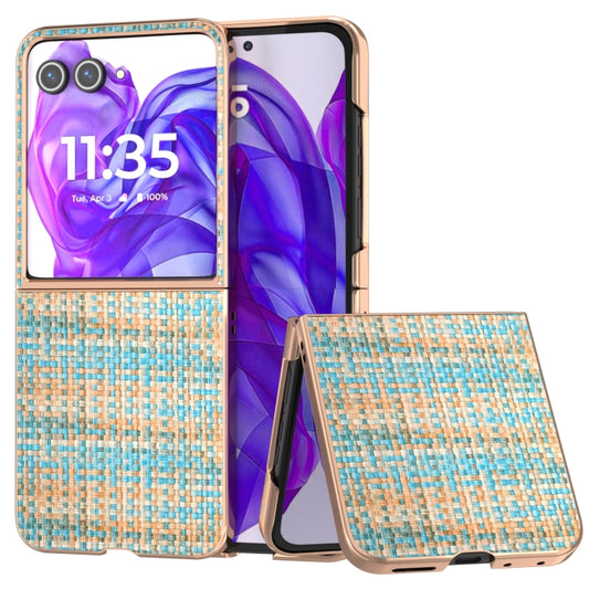 For Motorola Razr 50 Ultra Electroplated Frame Color Lattice Texture PU Phone Case(Blue) - Motorola Cases by buy2fix | Online Shopping UK | buy2fix