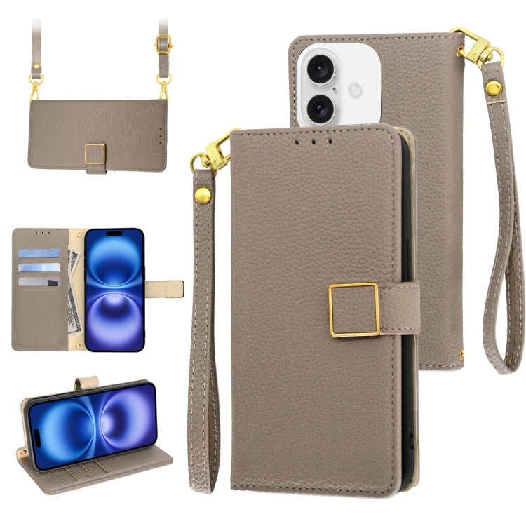 For iPhone 16 Plus Crossbody Litchi Texture Square Buckle Leather Phone Case(Brown) - iPhone 16 Plus Cases by buy2fix | Online Shopping UK | buy2fix