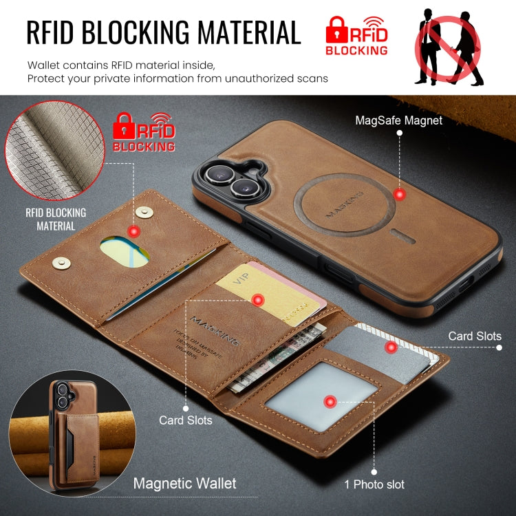 For iPhone 16 DG.MING MAGKING-K2 Series MagSafe RFID Card Bag Detachable Phone Case(Brown) - iPhone 16 Cases by DG.MING | Online Shopping UK | buy2fix