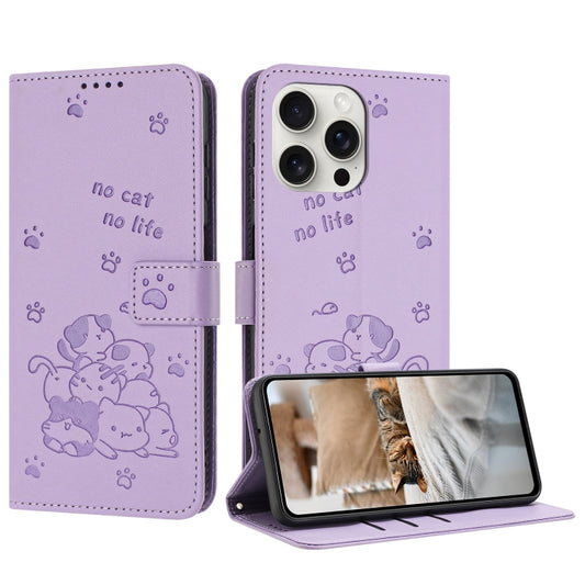 For iPhone 16 Pro Embossed Kitten Phone Leather Case with Lanyard(Purple) - iPhone 16 Pro Cases by buy2fix | Online Shopping UK | buy2fix