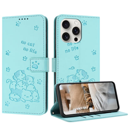 For iPhone 16 Pro Embossed Kitten Phone Leather Case with Lanyard(Mint Green) - iPhone 16 Pro Cases by buy2fix | Online Shopping UK | buy2fix