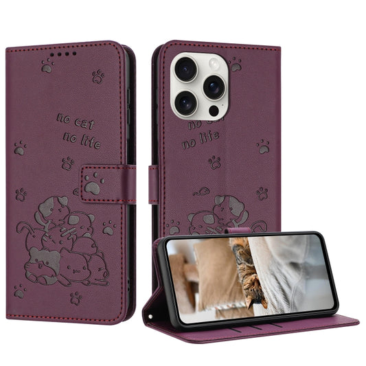 For iPhone 16 Pro Embossed Kitten Phone Leather Case with Lanyard(Wine Red) - iPhone 16 Pro Cases by buy2fix | Online Shopping UK | buy2fix