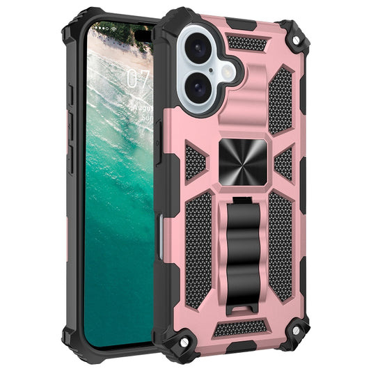 For iPhone 16 Armor Shockproof TPU Hybrid PC Magnetic Phone Case with Holder(Rose Gold) - iPhone 16 Cases by buy2fix | Online Shopping UK | buy2fix