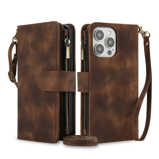 For iPhone 16 Pro Max Dream 9-Card Zipper Wallet RFID Leather Phone Case with Lanyard(Brown) - iPhone 16 Pro Max Cases by buy2fix | Online Shopping UK | buy2fix