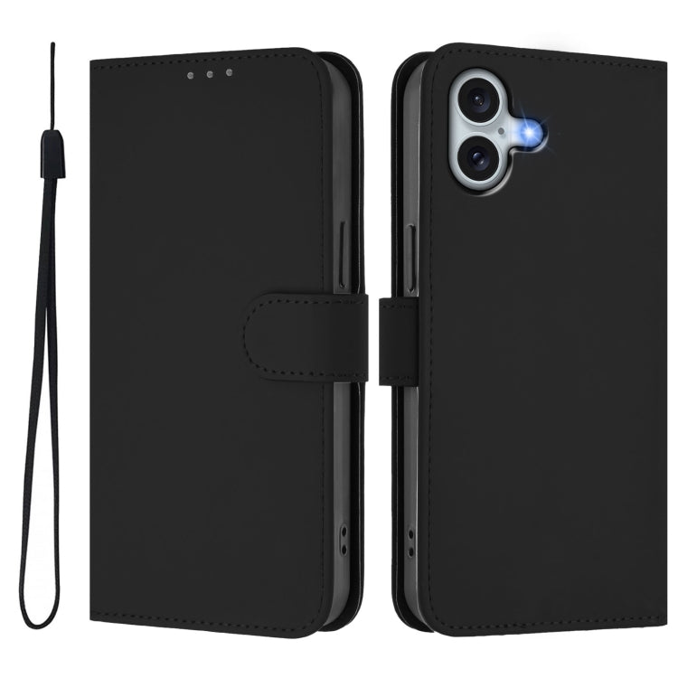 For iPhone 16 Plus Skin Feel Solid Color Leather Phone Case with Lanyard(Black) - iPhone 16 Plus Cases by buy2fix | Online Shopping UK | buy2fix