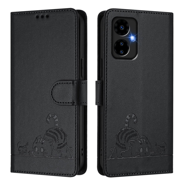 For Boost Mobile Celero 5G 2024 Cat Rat Embossed RFID Leather Phone Case with Lanyard(Black) - More Brand by buy2fix | Online Shopping UK | buy2fix