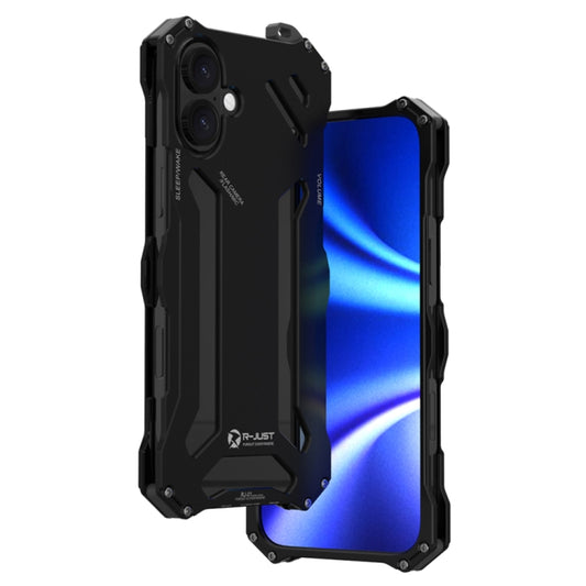 For iPhone 16 R-JUST RJ-17 Shockproof Armor Hollow Metal Phone Case(Black) - iPhone 16 Cases by R-JUST | Online Shopping UK | buy2fix