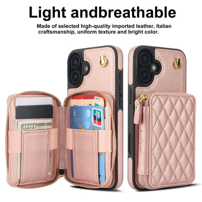 For iPhone 16 AwQuer Crossbody Zipper Wallet Rhombic Leather Back Phone Case(Rose Gold) - iPhone 16 Cases by Awquer | Online Shopping UK | buy2fix