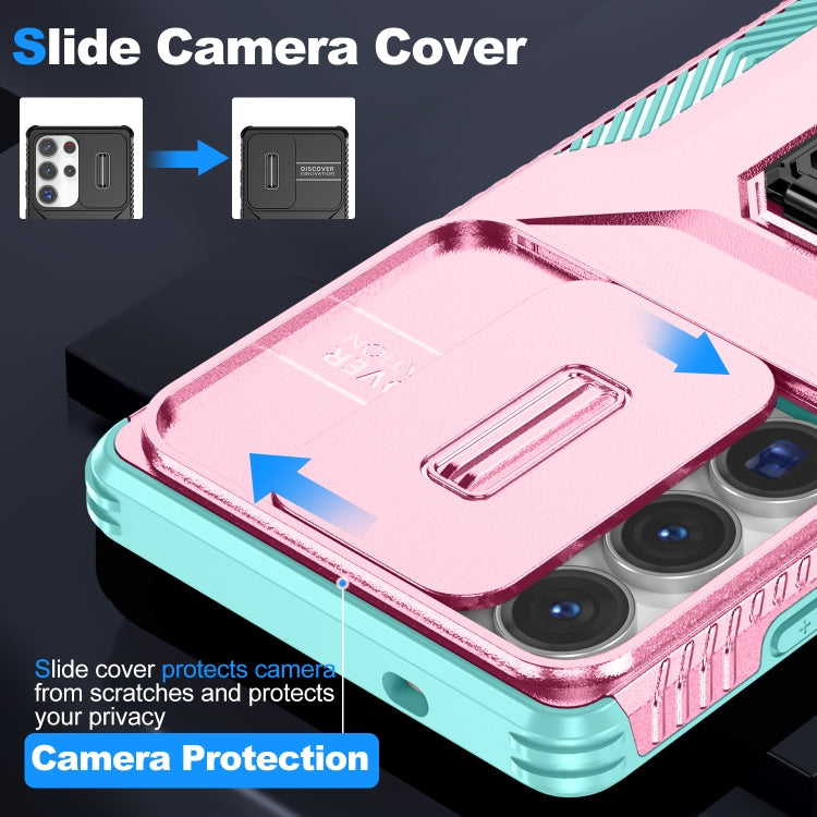 For Samsung Galaxy S25 Ultra 5G Sliding Camshield Holder Phone Case(Pink + Grey Green) - Galaxy S25 Ultra 5G Cases by buy2fix | Online Shopping UK | buy2fix