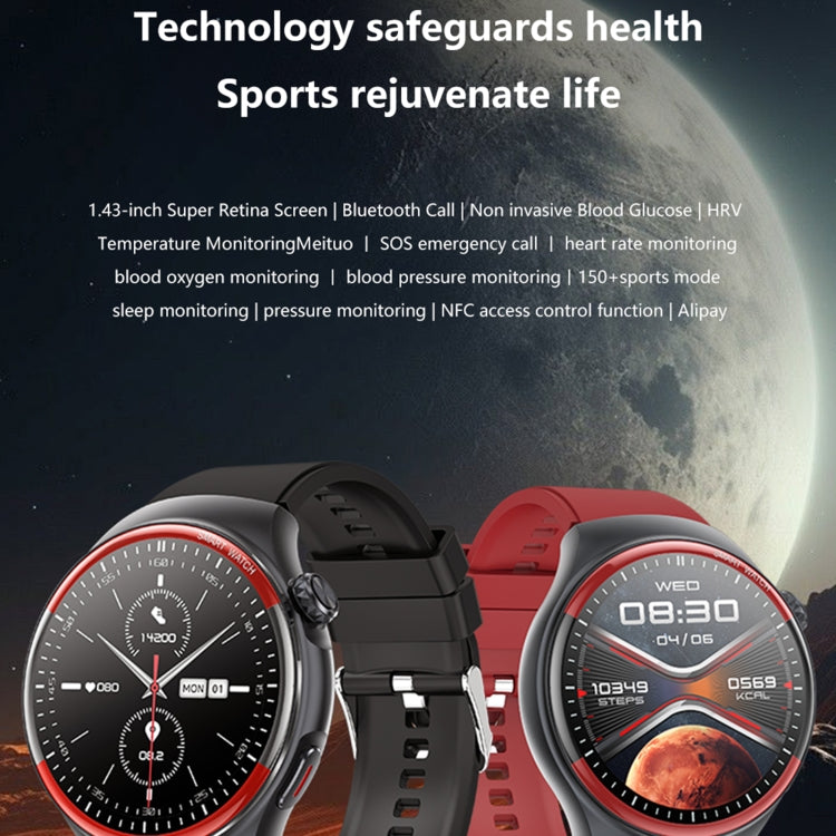 T82 1.43 inch Round Screen BT Call Smart Watch, Heart Rate / Blood Pressure / Blood Oxygen / Sleep / Blood Sugar / HRV / Metope / SOS, Strap:Stainless Steel Black - Smart Wristbands by buy2fix | Online Shopping UK | buy2fix