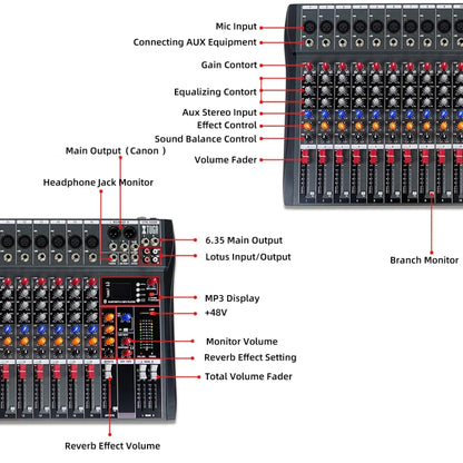 XTUGA CT120X 12-Channels Audio Mixer DJ Mixing Console with 48V Power Supply(AU Plug) - Live Sound Effects Processors by XTUGA | Online Shopping UK | buy2fix