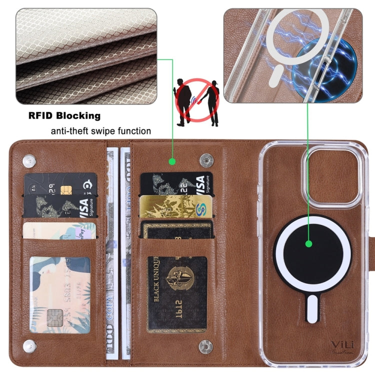 For iPhone 16 ViLi GVS-C Series MagSafe Magnetic RFID Leather Flip Phone Case(Brown) - iPhone 16 Cases by ViLi | Online Shopping UK | buy2fix