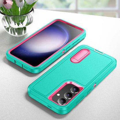 For Samsung Galaxy S24 / S25 5G Rugged PC Hybrid Silicone Phone Case with Holder(Light Green+Rose Red) - Galaxy S25 5G Cases by buy2fix | Online Shopping UK | buy2fix