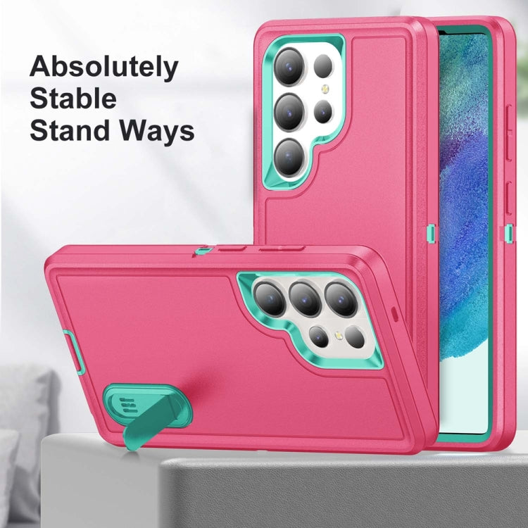 For Samsung Galaxy S25 Ultra 5G Rugged PC Hybrid Silicone Phone Case with Holder(Rose Red+Light Green) - Galaxy S25 Ultra 5G Cases by buy2fix | Online Shopping UK | buy2fix