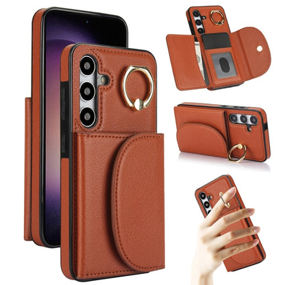 For Samsung Galaxy S25 5G Ring Holder Card Bag Skin Feel Phone Case(Brown) - Galaxy S25 5G Cases by buy2fix | Online Shopping UK | buy2fix