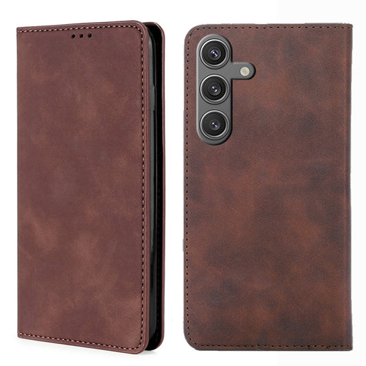 For Samsung Galaxy S25 5G Skin Feel Magnetic Leather Phone Case(Dark Brown) - Galaxy S25 5G Cases by buy2fix | Online Shopping UK | buy2fix