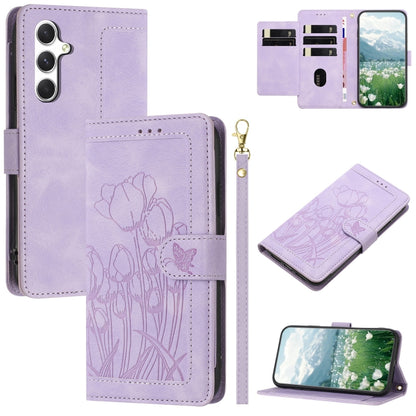 For Samsung Galaxy S25 5G Tulips Embossed Leather Phone Case with Lanyard(Purple) - Galaxy S25 5G Cases by buy2fix | Online Shopping UK | buy2fix