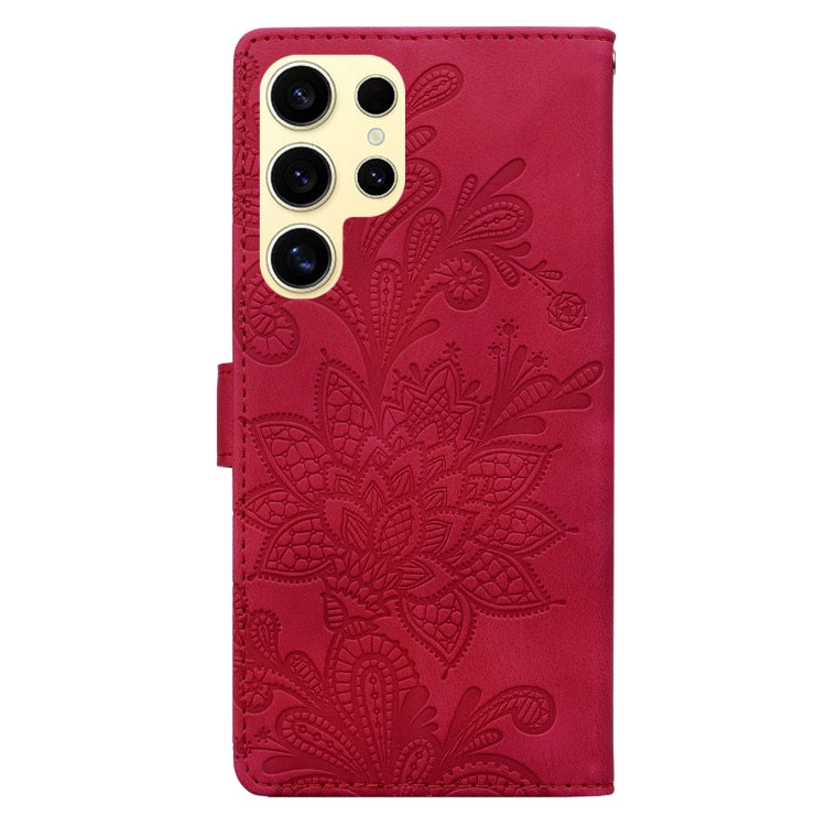 For Samsung Galaxy S25 Ultra 5G Lace Floral Embossed Magnetic Buckle PU Phone Case With Wrist Strap(Red) - Galaxy S25 Ultra 5G Cases by buy2fix | Online Shopping UK | buy2fix