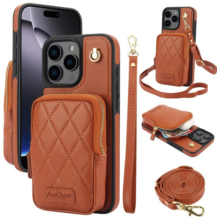 For iPhone 16 Pro AwQuer Crossbody Zipper Wallet Bag Litchi Leather Phone Case(Brown) - iPhone 16 Pro Cases by Awquer | Online Shopping UK | buy2fix