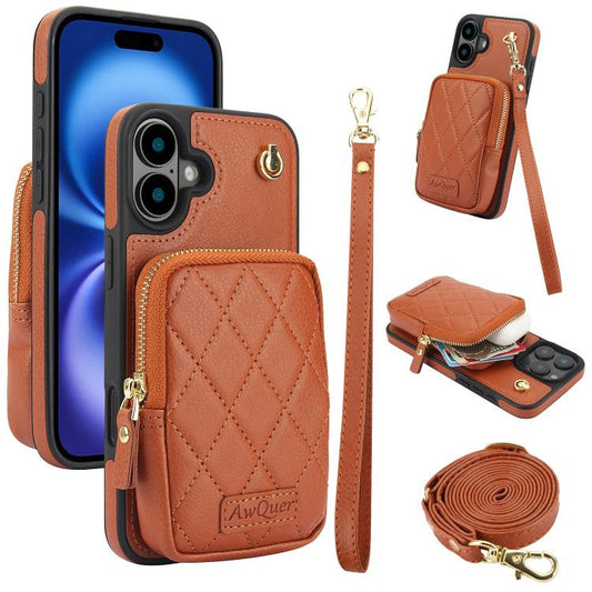 For iPhone 16 Plus AwQuer Crossbody Zipper Wallet Bag Litchi Leather Phone Case(Brown) - iPhone 16 Plus Cases by Awquer | Online Shopping UK | buy2fix