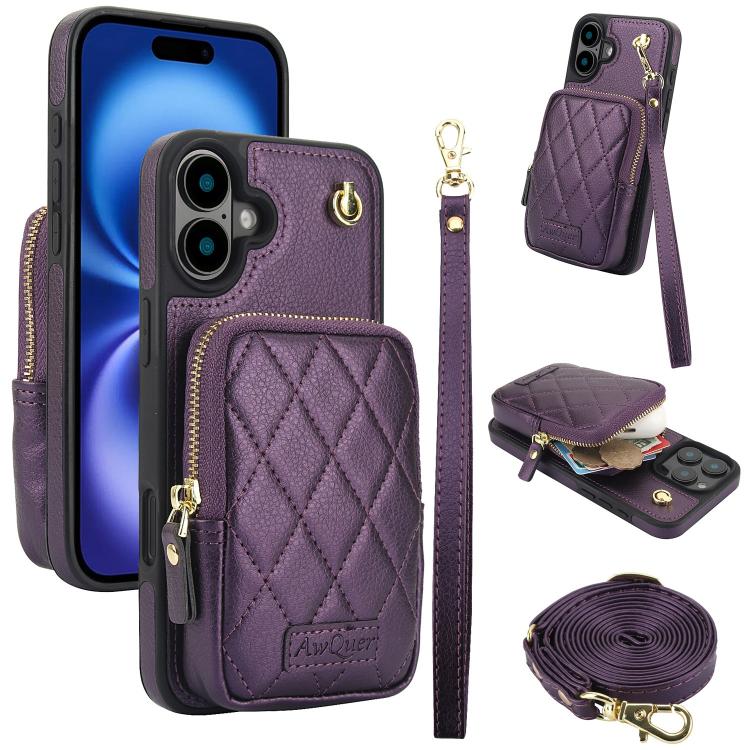 For iPhone 16 AwQuer Crossbody Zipper Wallet Bag Litchi Leather Phone Case(Dark Purple) - iPhone 16 Cases by Awquer | Online Shopping UK | buy2fix