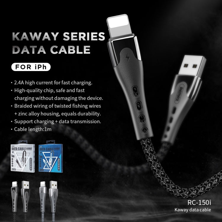 REMAX RC-150i KAWAY Series 1m 2.4A USB to 8 Pin Aluminum Alloy Braid Fast Charging Data Cable (Black) - Normal Style Cable by buy2fix | Online Shopping UK | buy2fix