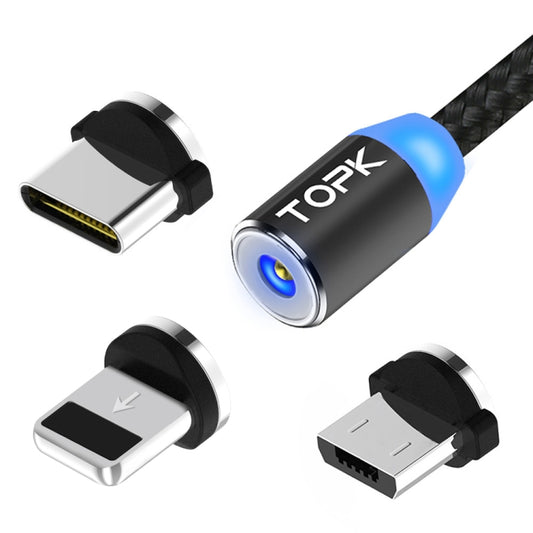 TOPK 2m 2.4A Max USB to 8 Pin + USB-C / Type-C + Micro USB Nylon Braided Magnetic Charging Cable with LED Indicator(Black) - Charging Cable & Head by TOPK | Online Shopping UK | buy2fix