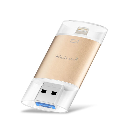 Richwell 3 in 1 128G Type-C + 8 Pin + USB 3.0 Metal Double Cover Push-pull Flash Disk with OTG Function(Gold) - U Disk & Card Reader by Richwell | Online Shopping UK | buy2fix