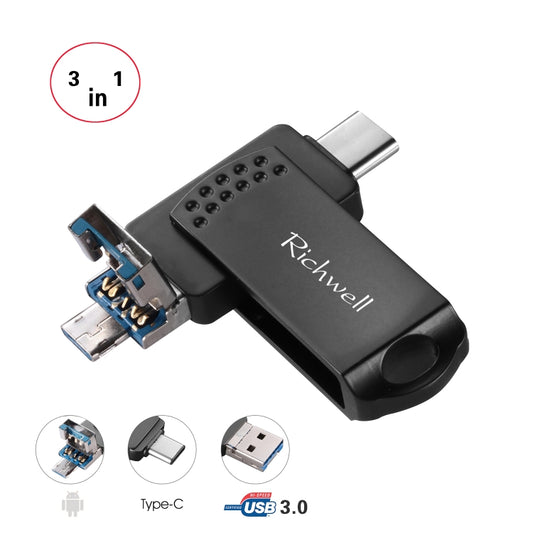 Richwell 3 in 1 64G Type-C + Micro USB + USB 3.0 Metal Flash Disk with OTG Function(Black) - U Disk & Card Reader by Richwell | Online Shopping UK | buy2fix