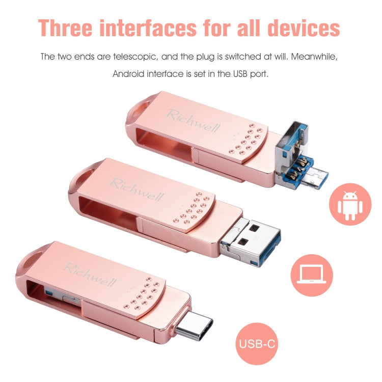 Richwell 3 in 1 32G Type-C + Micro USB + USB 3.0 Metal Flash Disk with OTG Function(Rose Gold) - U Disk & Card Reader by Richwell | Online Shopping UK | buy2fix