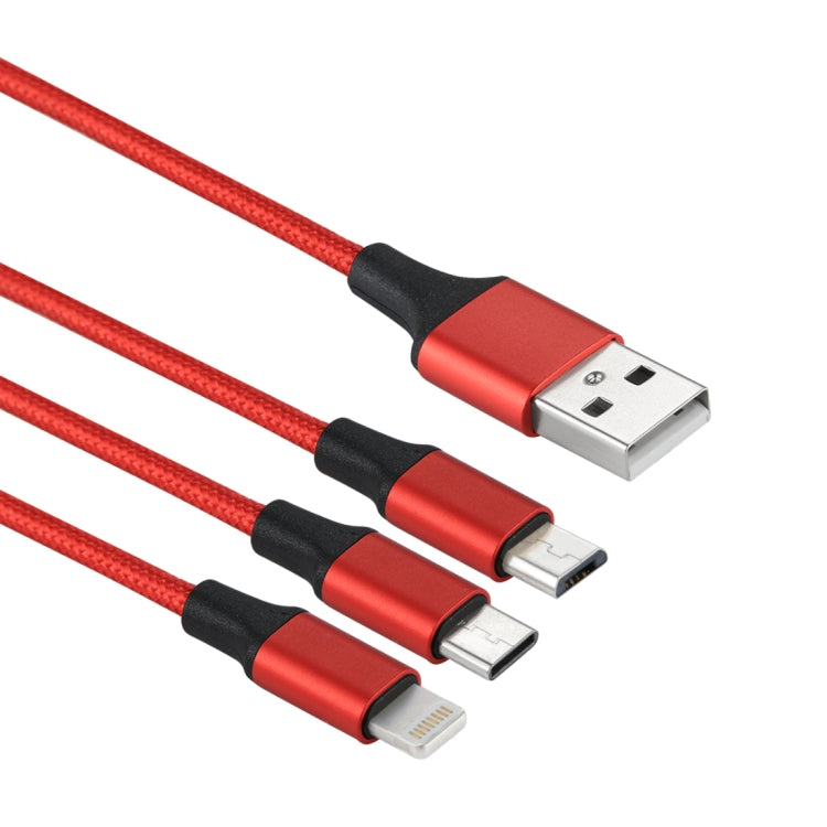 2A 1.2m 3 in 1 USB to 8 Pin & USB-C / Type-C & Micro USB Nylon Weave Charging Cable(Red) - Multifunction Cable by buy2fix | Online Shopping UK | buy2fix