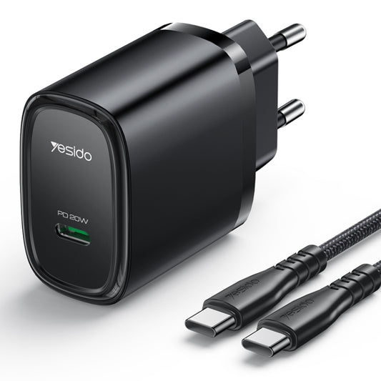 Yesido YC57BC PD 20W USB-C / Type-C Port Quick Charger with Type-C to Type-C Cable, EU Plug (Black) - USB Charger by Yesido | Online Shopping UK | buy2fix