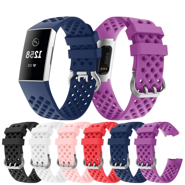 For Fitbit Charge 3 / 4 Hollow Square Silicone Watch Band Wristband(Dark Blue) - Watch Bands by buy2fix | Online Shopping UK | buy2fix