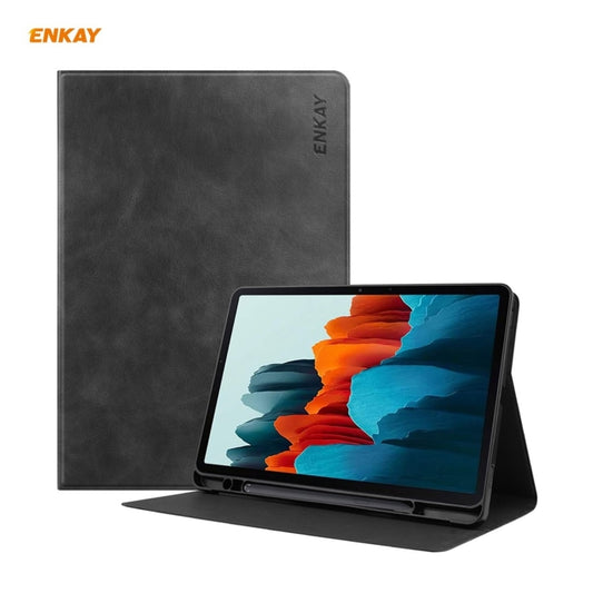 ENKAY ENK-8026 Cow Texture PU Leather + TPU Smart Case with Pen Slot for Samsung Galaxy Tab S8 / Galaxy Tab S7 11.0 T870 / T875(Black) - Galaxy Tab S8 Cases by ENKAY | Online Shopping UK | buy2fix