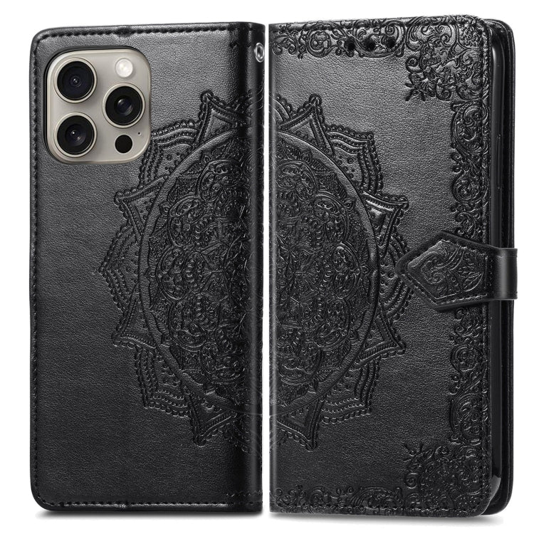 For iPhone 16 Pro Max Mandala Flower Embossed Leather Phone Case(Black) - iPhone 16 Pro Max Cases by buy2fix | Online Shopping UK | buy2fix