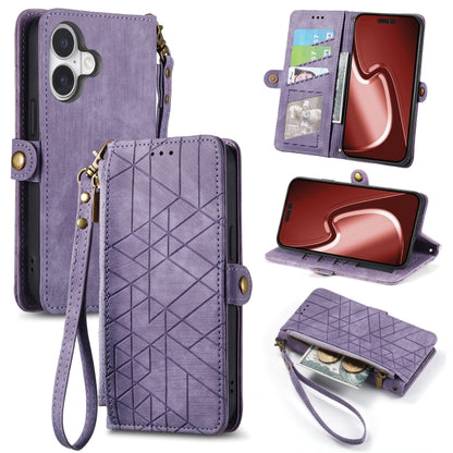 For iPhone 16 Geometric Zipper Wallet Side Buckle Leather Phone Case(Purple) - iPhone 16 Cases by buy2fix | Online Shopping UK | buy2fix