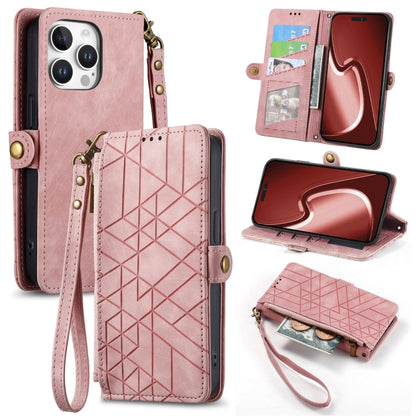 For iPhone 16 Pro Geometric Zipper Wallet Side Buckle Leather Phone Case(Pink) - iPhone 16 Pro Cases by buy2fix | Online Shopping UK | buy2fix