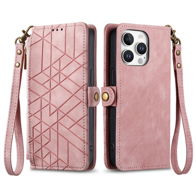 For iPhone 16 Pro Geometric Zipper Wallet Side Buckle Leather Phone Case(Pink) - iPhone 16 Pro Cases by buy2fix | Online Shopping UK | buy2fix