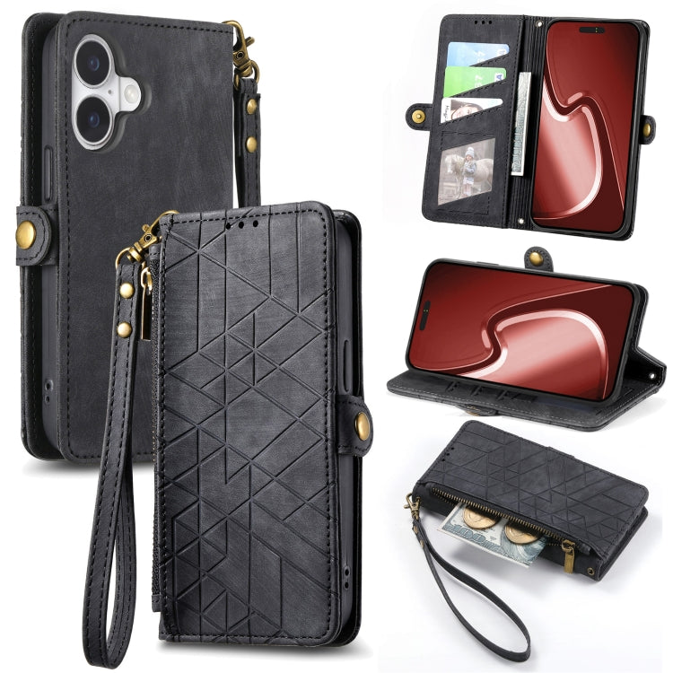 For iPhone 16 Plus Geometric Zipper Wallet Side Buckle Leather Phone Case(Black) - iPhone 16 Plus Cases by buy2fix | Online Shopping UK | buy2fix