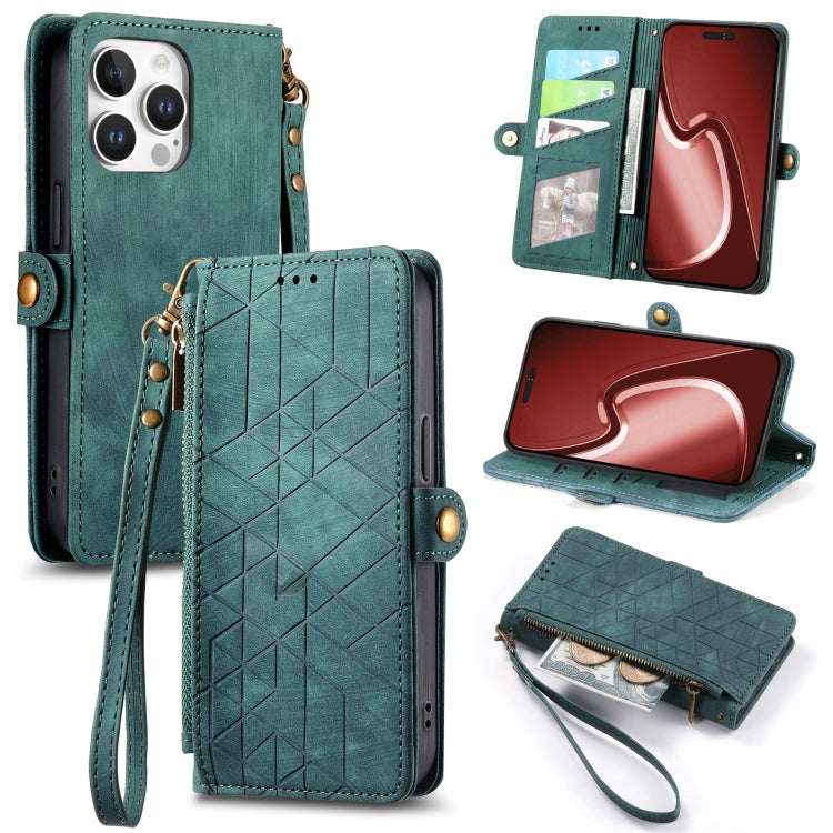 For iPhone 16 Pro Max Geometric Zipper Wallet Side Buckle Leather Phone Case(Green) - iPhone 16 Pro Max Cases by buy2fix | Online Shopping UK | buy2fix