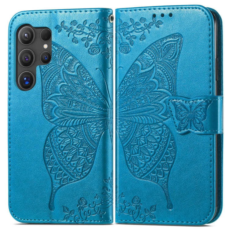 For Samsung Galaxy S25 Ultra 5G Butterfly Love Flower Embossed Leather Phone Case(Blue) - Galaxy S25 Ultra 5G Cases by buy2fix | Online Shopping UK | buy2fix