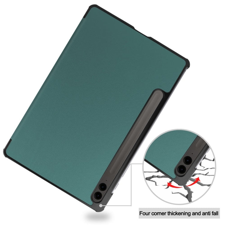 For Samsung Galaxy Tab S9 FE+ 12.4 JUNSUNMAY Custer Solid Color 3-Fold Stand Leather Smart Tablet Case(Dark Green) - Galaxy Tab S9 FE+ by JUNSUNMAY | Online Shopping UK | buy2fix